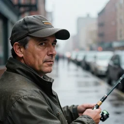 closeup portrait of a man fishing in a rainy new york street, photography, time magazine