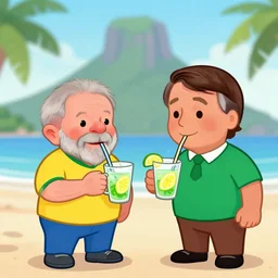 cartoon drawing of Brazilian politicians Lula and Bolsonaro together drinking a lemon drink caipirinha with the Corcovado on the background, cute, cartoon, Disney, friendly, detailed