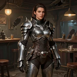 hyper detailed ultra sharp full body character portrait of a woman wearing hextech armor standing in a destroyed dive bar, with a realistically proportioned face, cinematic lighting, good value control, smooth, realistic shading, realistic face details, smooth, highly detailed, digital painting, painted texture maps, illustration, painted texture maps, substance painter