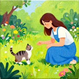 a bay play with a cat and a dog in a garden with a mother acrylic paint