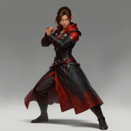 beautiful teenager female half elf monk, full body black and red longcoat, fist training, detailed face, brown hair, short ponytail, golden eyes, brown skin, high fantasy, high detail, smooth, sharp focus, digital illustration, by michael komarck, mtg art