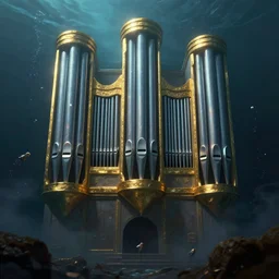 pipe organ underwater with gold trim, by peter mohrbacher dan mumford craig mullins nekro, cgsociety, pixiv, volumetric light, 3 d render, smoke, dark fog, high contrast colors, lost atlantis