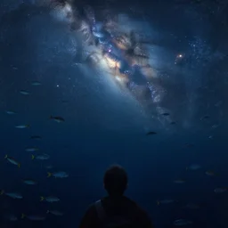 point of view of deep in the ocean looking up, you see fishes, the milk way, night time, midnight, no sunlight. highly detailed painting by gaston bussiere, greg rutkowski 8 k