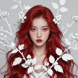 a wonderful crimson goddess, lots of white branches, leaves and white berries of white blackberries, wonderful eyes, symmetrical, fantasy, highly detailed, realistic, complex, fantasy, over - detailed, elegant, complex, dynamic lighting, hyperrealism, digital art, artstation, wlop, clear focus, illustrations by filipe pagliuso and justin gerard