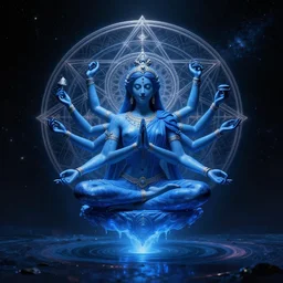 a blue levitating shiva with four arms meditating over a puddle of outer space, dramatic lighting, sacred geometry, by alex grey, by android jones, by arron horkey, by alexandros pyromallis, bouguereau, rutkowski, artgerm
