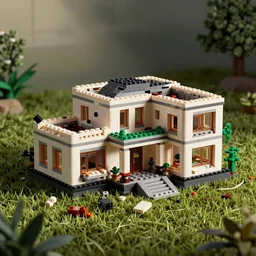 a crashed broken full size villa made out of lego, pieces of lego laying on the lawn