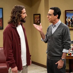 Photo still of Jesus Christ in 1990s clothing talking with George Costanza in Jerry Seinfeld's apartment, in the style of the TV show Seinfeld (1994)