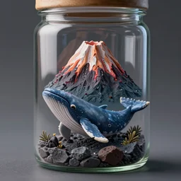 a octane render of volcano and a tiny whale inside a jar, close - up studio photo, lighting path traced, highly detailed, high quality, hyper - realistic, max accurate,