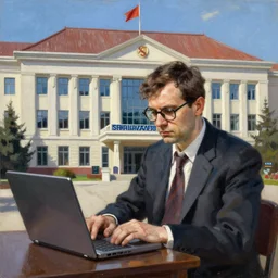man with glasses and laptop in headquarters of transylvanian software company in communist times. painting by roger dean