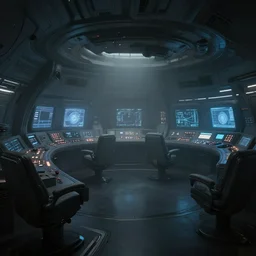 a dark futuristic spaceship bridge room with many controls and screens, concept art, epic, fog, dramatic lighting
