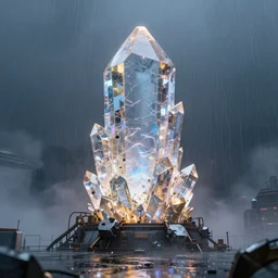 giant energy crystal in power reactor, Photorealistic, glowing raytracing, reflection, rain, fog, 4k
