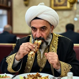 sultan mehmet iv!!!!!!! |, in the style of martin schoeller, micro details, hdr shot, photography from | ( ( ( ( ( vogue magazine ) ) ) ) ) |, ottoman | eating shawarma in a restaurant, realistic, neat, hyperrealism, cold lighting, mid - shot, precise, detailed facial features, wearing big ovular turban and a luxurious ottoman coat, photorealistic, expressive