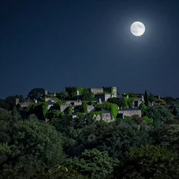 a clear night, the forest plains of north yorkshire, sky full of stars, moon in the sky, moonlight, sharp focus, matte painting, illustration, concept art, ancient city covered in foliage