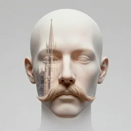 hyperrealistic portrait photo of a male head without a mustache merging with a cathedral building, etheric, evoking symbolic metaphors, head in focus, ornamental, intricate, elegant, golden ratio, sharp focus, art by ernst haeckel, h. r. giger, john william godward, gustav klimt, zdzisław beksinski,