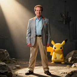Arnold Schwarzenegger dressed up as Ash Ketchum, sceme from the film Pokemon Terminator Trainer