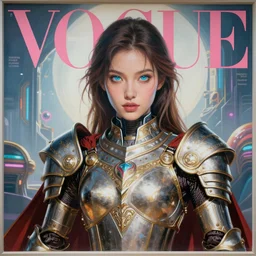 masterfully painted mural of a stunning young cyborg muse in ornate royal armor, piercing glowing eyes, sci fi scenery, vogue cover poses, mural in the style of sandro botticelli, caravaggio, albrecth durer