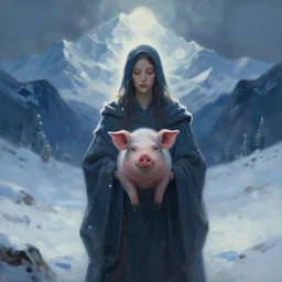 pig priestess of the icy mountains. gouache painting by indie concept artist, chiaroscuro, bokeh, backlighting, field of depth