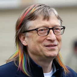 real photograph, bill gates with rainbow colored long hair, in legnica, macro head shot, photo mid shot