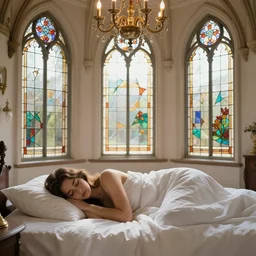woman with long hair sleeping in a bedroom with gothic stained glass windows and overgrown chandeliers, trending on artstation, sleeping beautiy fairytale, art by luis royo and walter crane and kay nielsen, watercolor illustration,