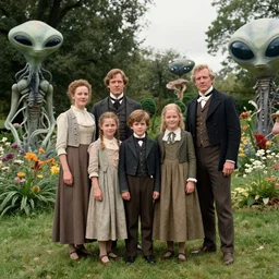 sharp, highly detailed, 36864k film, 175000mm film still from a sci fi blockbuster color movie made in 2019, set in 1860, of a family standing in a park, next to some strange alien plants and flowers, on an alien planet, the family are all wearing 1860s era clothes, good lighting, enhanced faces 10x, 70000mm f/2.8L lens