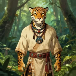 character portrait feature of the anthro male anthropomorphic jaguar fursona animal person wearing shaman tribal outfit robes belt standing in the amazon rainforest, well framed character design stylized by charlie bowater, ross tran, artgerm, makoto shinkai, detailed, soft lighting, rendered in octane