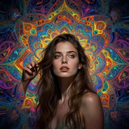 lsd, acid trip, a beautiful woman, dramatic lighting, by ilya kuvshinov, artgerm, wlop, lois van baarle, digital painting, ultra detailed colorful intricate repeating geometric fractals in the background by moebius, beeple, 4 k, artstation