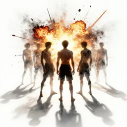 multiple close interacting human figures, limbs scattered, explosions, splotches, concept art, illustration, transparency, sss, occlusion, high contrast, very long shadows, on white