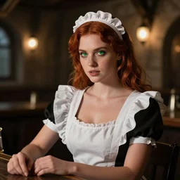 beautiful bar maid with auburn hair and green eyes, in a medieval tavern at night, dramatic, cinematic, filmic