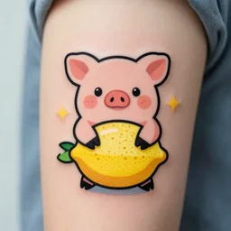 “cute neotraditional tattoo design of a pig made from a lemon holding a gold coin, lucky lemon pig, minimalist tattoo”