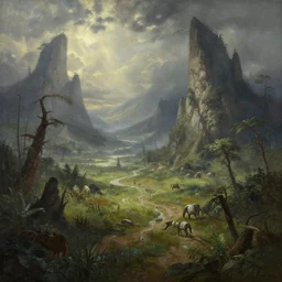 beautiful detailed dramatic fantasy painting of an alternate wild world in another reality