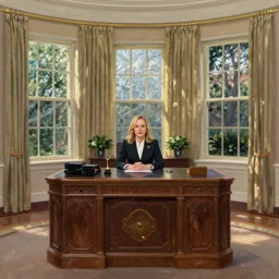 oil painting of Amy Poehler sitting at the resolute desk in the oval office
