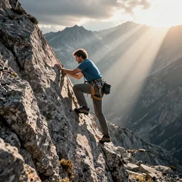 a man climbing up a rocky mountain, no ropes, highly cinematic, dramatic, beautiful lighting, god rays, award winning photograph, national geographic, highly detailed, 4k