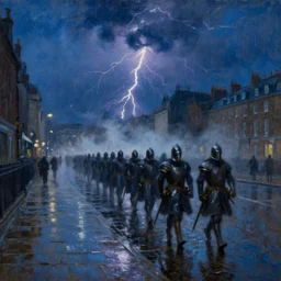 a beautiful painting of rainy victorian london at dusk by jan bogaerts and asher brown durand, brushstrokes, brushstroke - laden, featured on artstation, thunderstorm and bolts of lightning, wet concrete, puddles of water, dramatic composition, dark night, dark blue hue, medieval soldiers marching, medieval soldiers marching, medieval soldiers marching, volumetric fog, vertical orientation