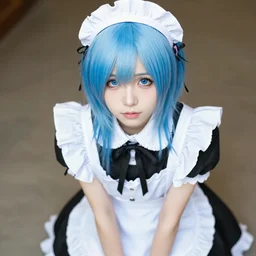 A pale emo girl with blue hair wearing a maid dress, 2006
