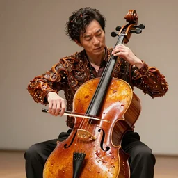 yoyo ma playing a cello made out of spicy food, performance photo, action shot, ultra high resolution, perfect detail, beautiful faces, intricate and interesting