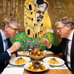 klaus schwab and bill gates at restaurant, eating very delicious fried grasshoppers and worms, served with pasta, in the style of gustav klimt drawing