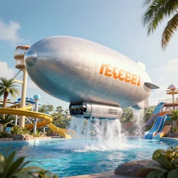 floating zeppelin airship waterpark with water slides, digital art, epic composition, highly detailed, cinematic lighting
