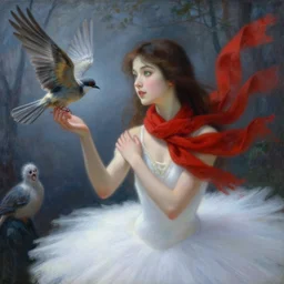 a gorgeous prima ballerina japanese art with a red scarf, medium long brown hair, green eyes, is looking at a bird, ethereal, horror, fantasy art by greg rutkowski and magali villeneuve and claude monet