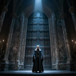 a wizard in a cloak standing in front of the door of wisdom, tall door, high ceiling, magic light, cinematic atmosphere, high definition, ultra detailed