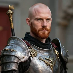 handsome balded ginger man, short beard, stubble beard, dragon knight, 8 k photography