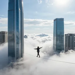 Tightrope walker walking through clouds that are pierced by skyscrappers.