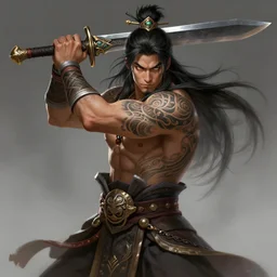 a highly detailed illustration of serious long haired tattooed asian tribal warrior man with blade, heroic wielding blade pose, muscular, intricate, elegant, highly detailed, centered, digital painting, artstation, concept art, smooth, sharp focus, league of legends concept art, wlop.