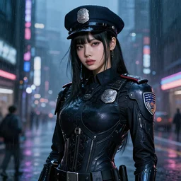 portrait lisa blackpink + black hair of futuristic female police, black armored uniform, at futuristic colorpunk tokyo rainy night, ssci - fi and fantasy, intricate and very very very beautiful, highly detailed, digital painting, artstation, concept art, smooth and sharp focus, illustration, art by tian zi and wlop and alphonse mucha