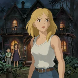 portrait of a woman searching a haunted house, blonde, tank top, jeans, horror, film still, finely detailed features, perfect art, studio ghibli, trending on pixiv fanbox, painted by ilya kuvshinov and and krenz cushart and makoto shinkai and takashi takeuchi