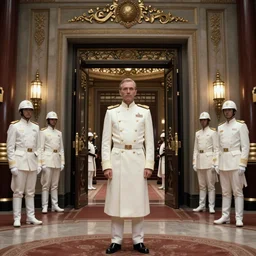 cinematic still image portrait of an imperial officer in a lavish imperial empire mid century design room, imperial officers in white, imperial guards stand by door, scene from 1 9 8 0 s empire strikes back, 3 5 mm imax, moody iconic scene, action scene, beautiful detailed scene, color kodak, directed by kubrick
