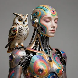 a hyperrealistic fine art portrait photo of a mechanical industrial alloy cybernetic human with psychedelic colorful body paint, with cybernetic owl on his shoulder, by brad kunkle, maarten schröder and tom bagshaw, smooth shapes and lines, vignette, 35mm lens, golden ratio composition, studio photography, closed eyes, very detailed, artstation, 8K, highly coherent