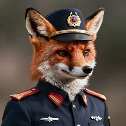 hyperrealistic close up image of anthropomorphic female fox animal dressed in modern american general uniform, fox animal, general hat