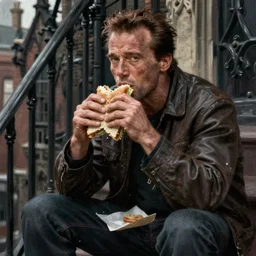 character portrait of a rugged arnold schswarzenegger sitting down on a fire escape eating a sandwich in gothic london, gothic, john singer sargent, muted colors, moody colors, illustration, digital illustration, amazing values, art by j. c. leyendecker, joseph christian leyendecker, william - adolphe bouguerea, graphic style, dramatic lighting, gothic lighting