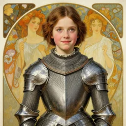 realistic detailed painting of a 1 6 - year old girl who resembles millie bobby brown and saoirse ronan with a shy, blushing, coy expression wearing intricate, detailed, art nouveau chainmail plate armor by alphonse mucha, ayami kojima amano, charlie bowater, karol bak, greg hildebrandt