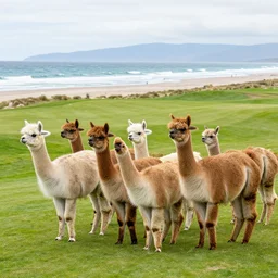a herd of alpacas on a golf course on the beach in argentina, photorealistic, hyperreal, style of national geographic
